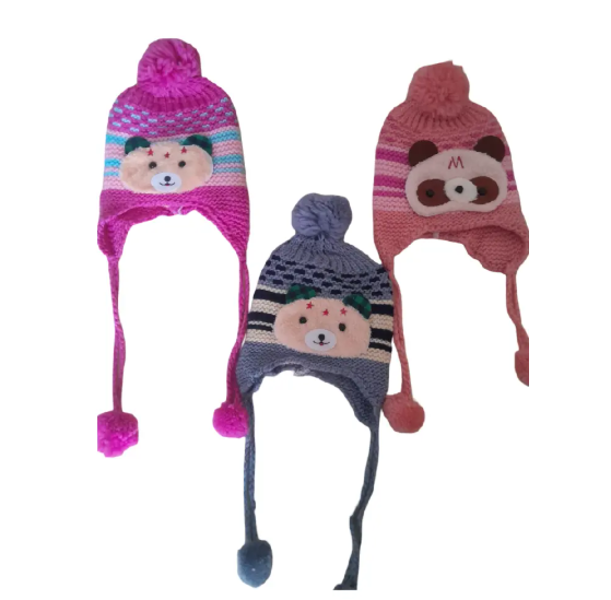 3 Pcs Baby/Kids Crotchet Knitted Cartoon Marvins Beanie Hats/Caps with Ear Flaps & Pom-Poms Protects Baby from Cold cute cartoon animal design Unisex for Boys and Girls