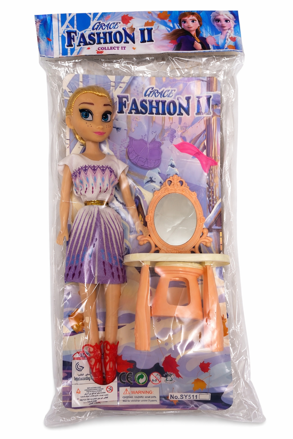 Grace Fashion II Frozen-Style Doll Set – Princess Doll with Vanity Mirror & Chair, 3-Piece Gift Set for Kids 3+, Imaginative Play & Dress-Up