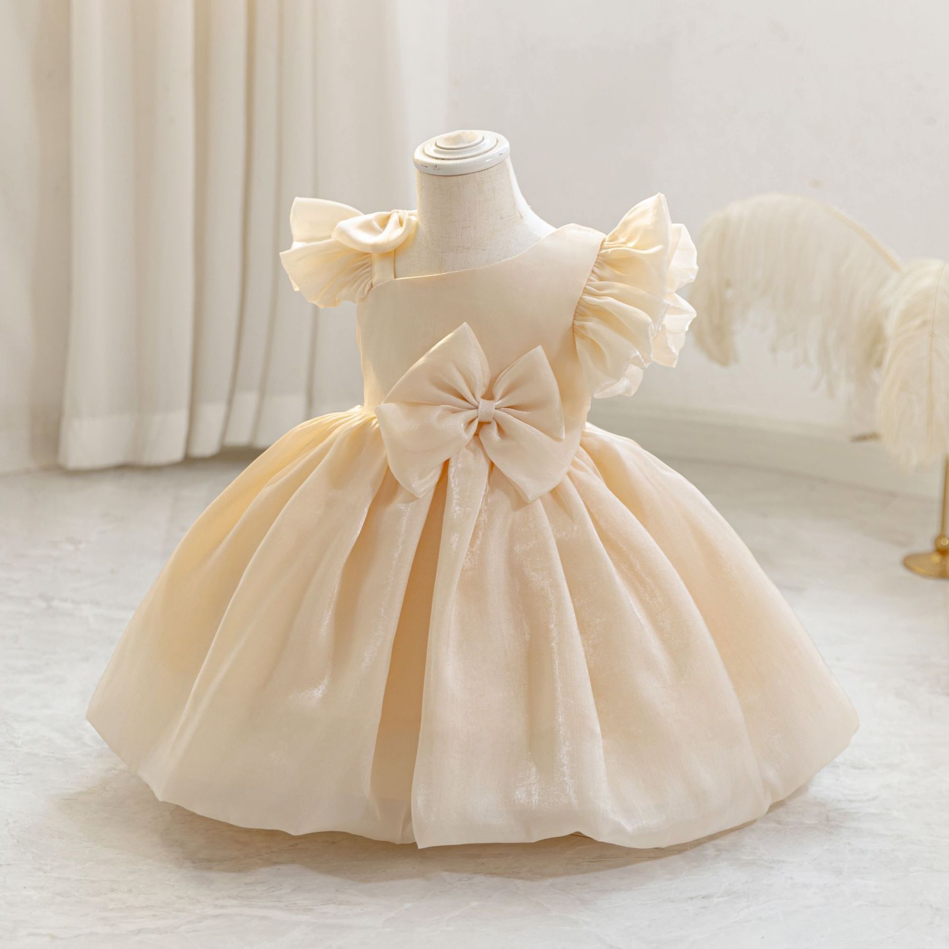 New 1-3Y Girls Puff Sleeve Princess Dress Tutu Birthday Party Dress Kids Performance Gown