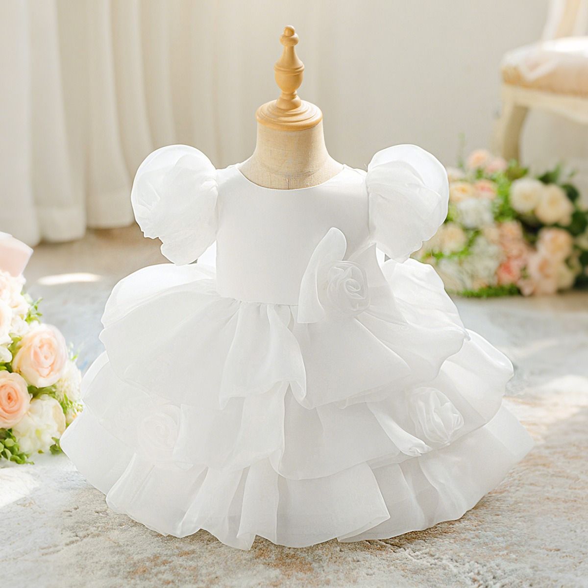 Girls Flower Girl Wedding Dress Puffy Tulle Princess Dress Baby Birthday Party Gown Puff Sleeve Layered Tutu Dress