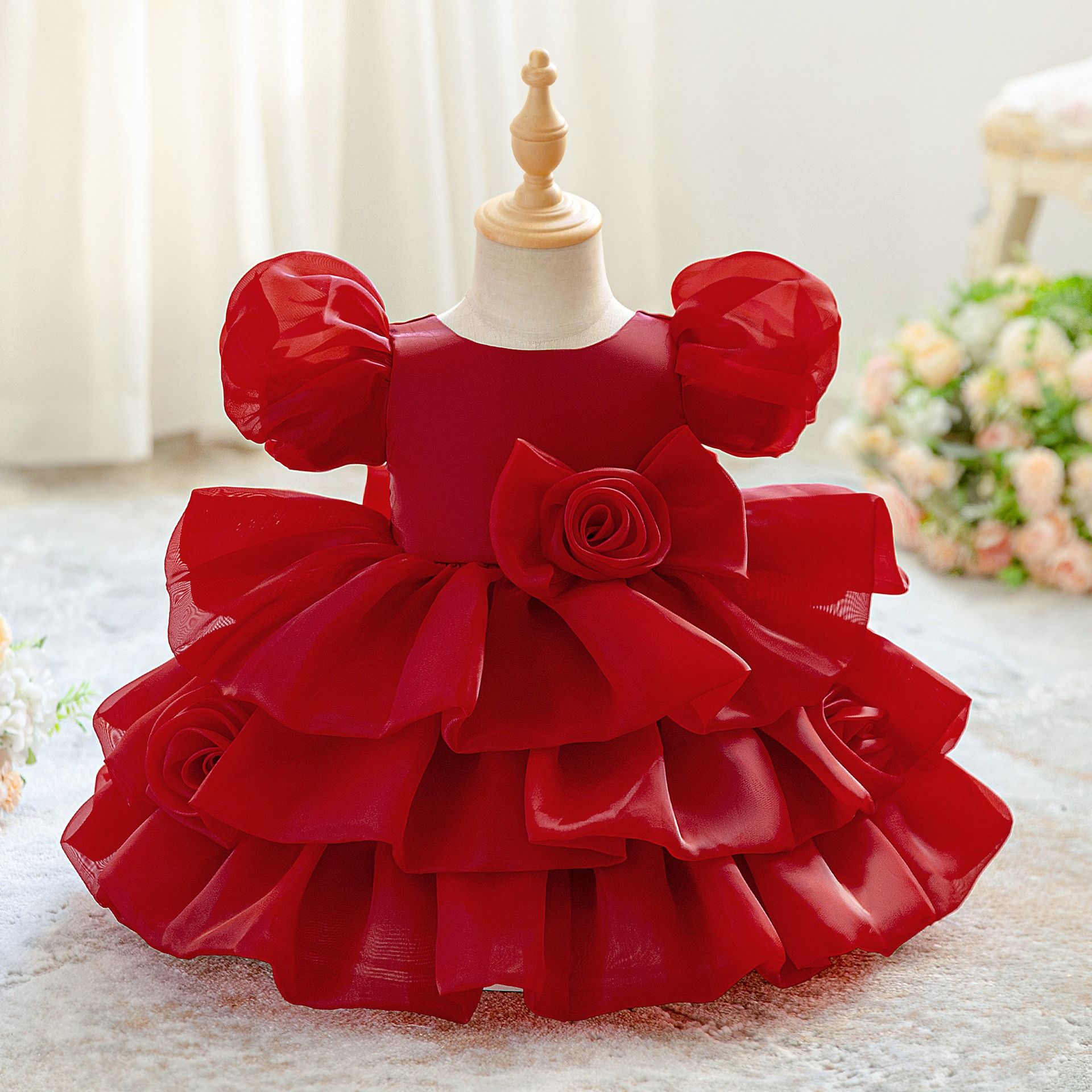 Girls Flower Girl Wedding Dress Puffy Tulle Princess Dress Baby Birthday Party Gown Puff Sleeve Layered Tutu Dress