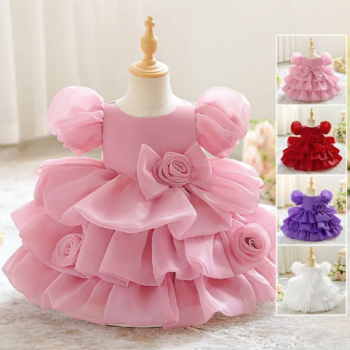 Girls Flower Girl Wedding Dress Puffy Tulle Princess Dress Baby Birthday Party Gown Puff Sleeve Layered Tutu Dress