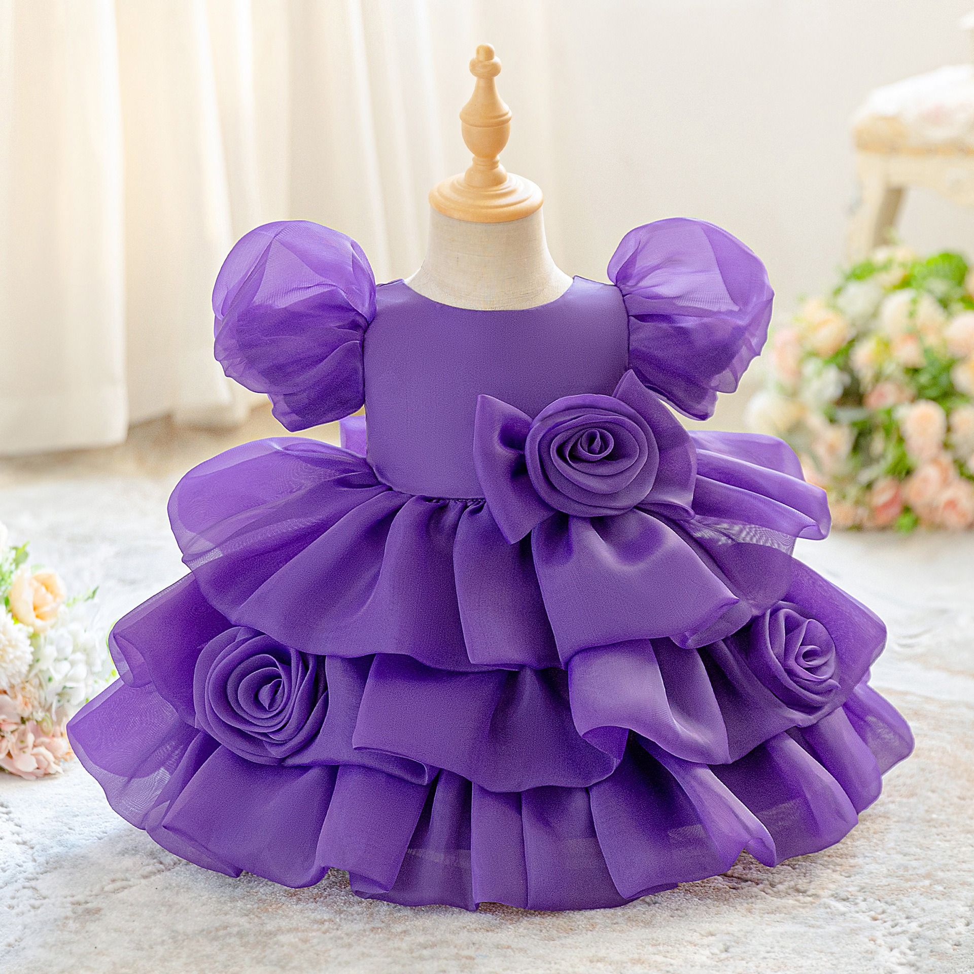 Girls Flower Girl Wedding Dress Puffy Tulle Princess Dress Baby Birthday Party Gown Puff Sleeve Layered Tutu Dress