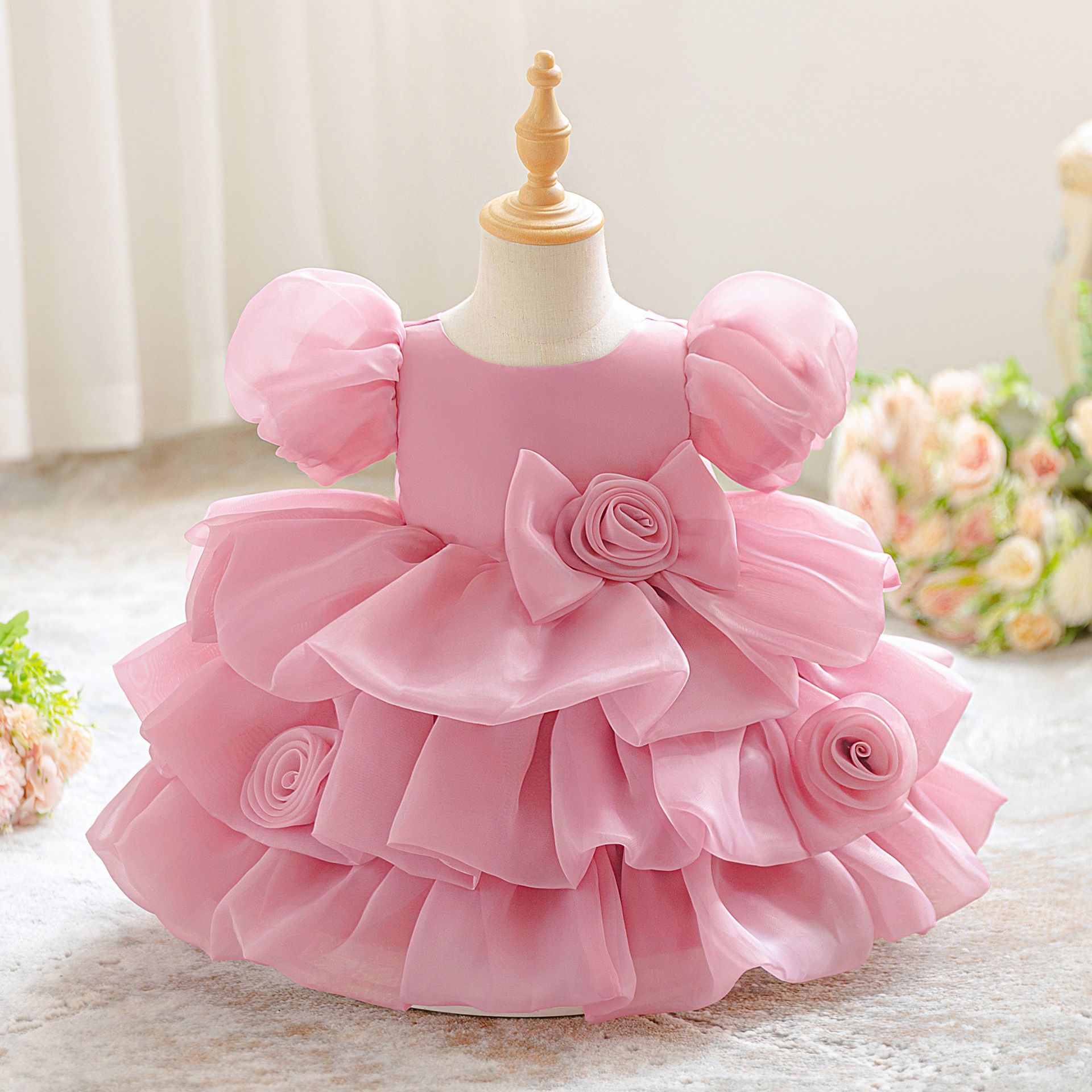 Girls Flower Girl Wedding Dress Puffy Tulle Princess Dress Baby Birthday Party Gown Puff Sleeve Layered Tutu Dress