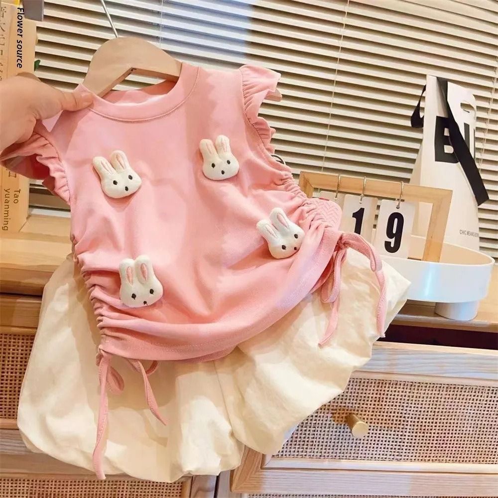 New Summer Baby Girl 2PCS Outfit Cute 3D Bunny Ruffle Sleeve Top + Bubble Shorts Kids Girls Clothing Set