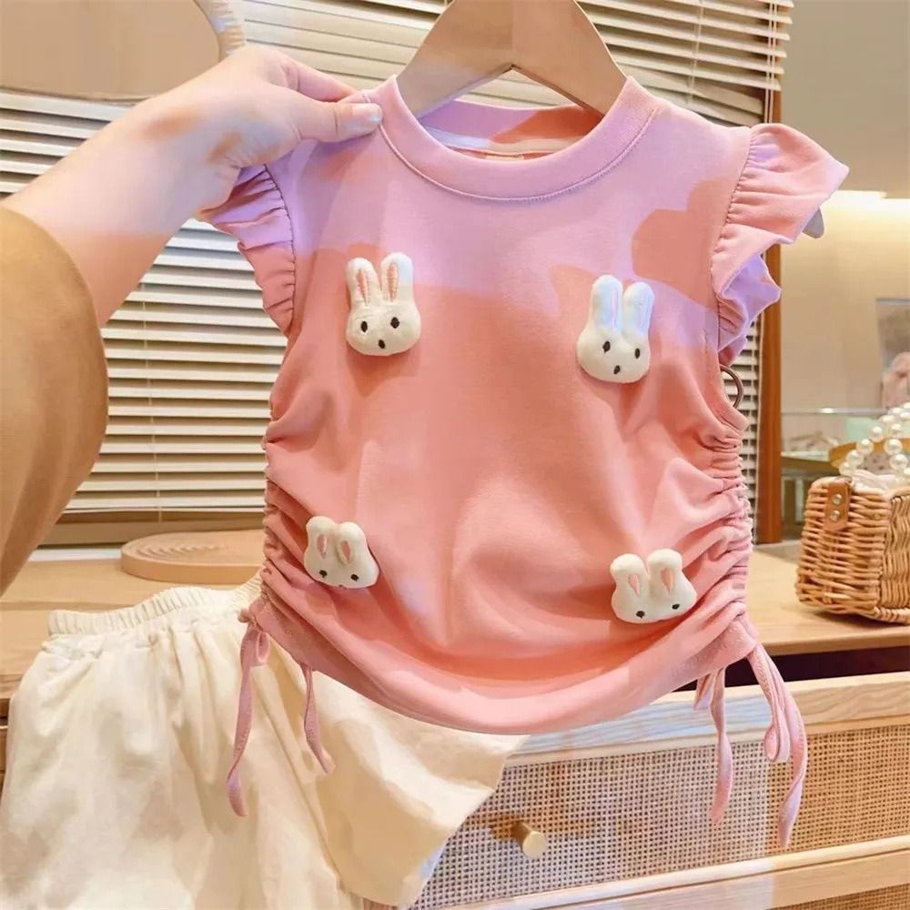 New Summer Baby Girl 2PCS Outfit Cute 3D Bunny Ruffle Sleeve Top + Bubble Shorts Kids Girls Clothing Set