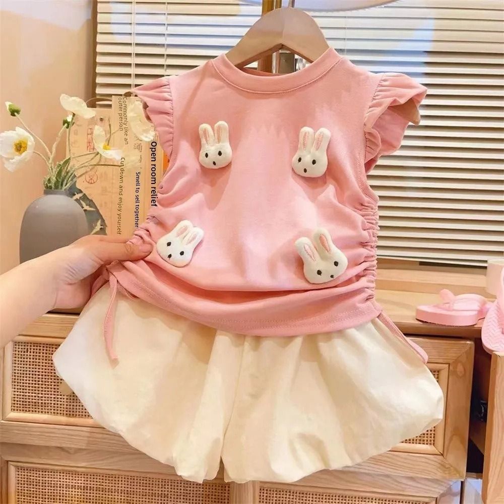 New Summer Baby Girl 2PCS Outfit Cute 3D Bunny Ruffle Sleeve Top + Bubble Shorts Kids Girls Clothing Set