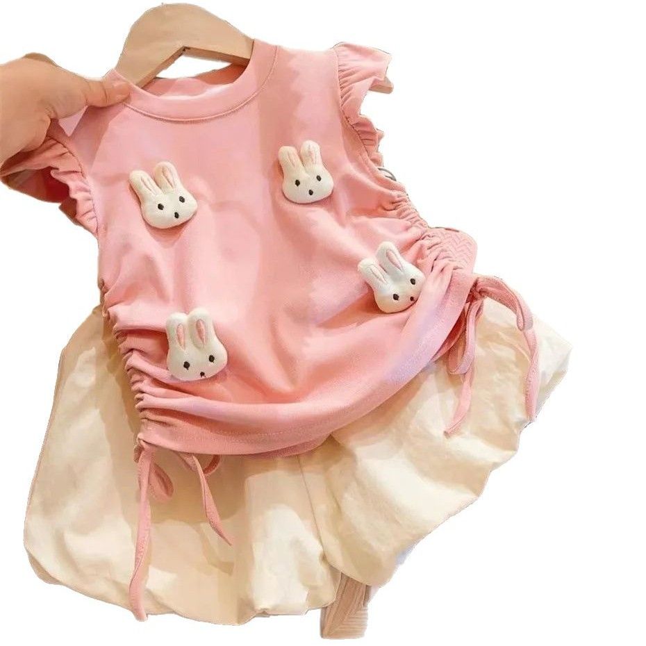 New Summer Baby Girl 2PCS Outfit Cute 3D Bunny Ruffle Sleeve Top + Bubble Shorts Kids Girls Clothing Set