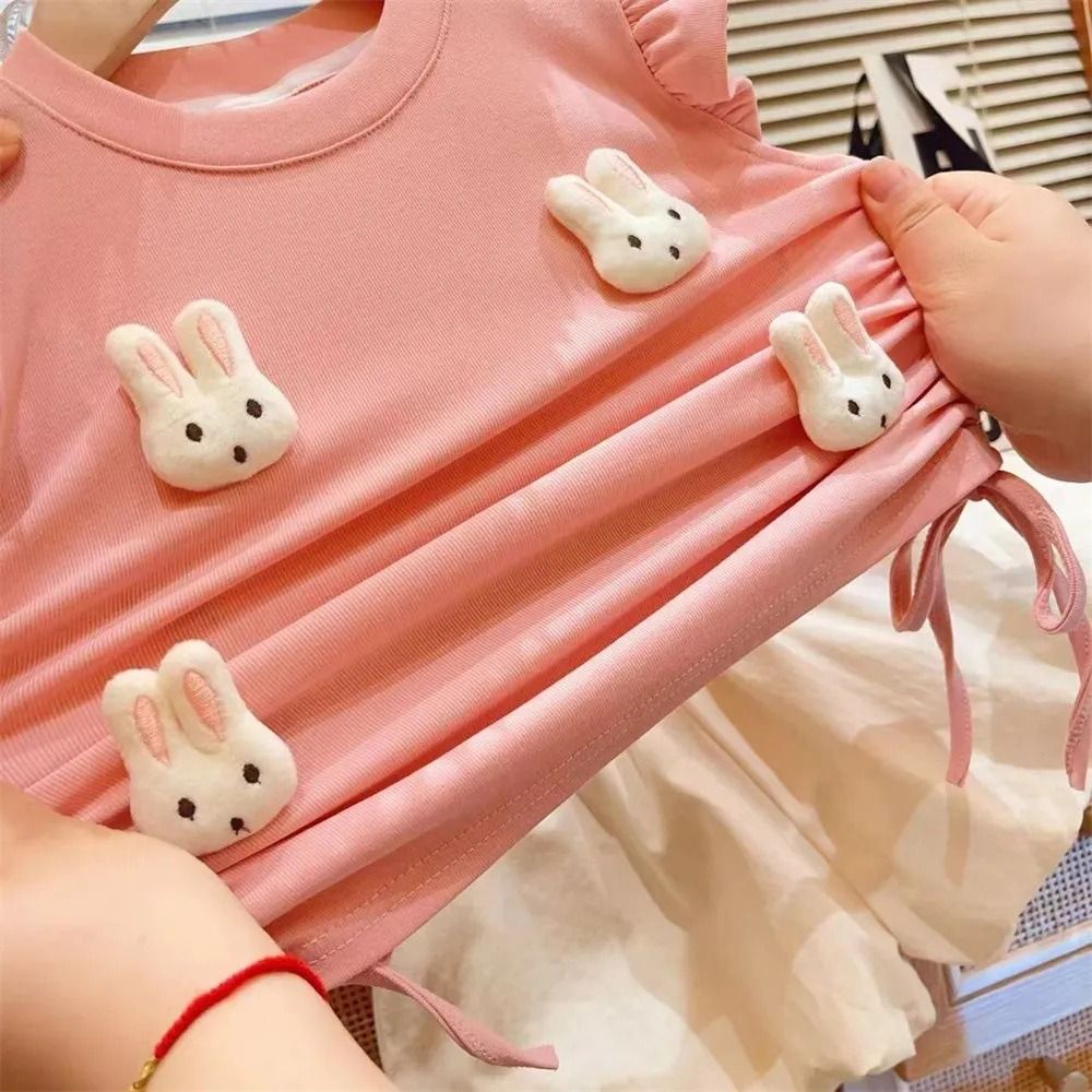 New Summer Baby Girl 2PCS Outfit Cute 3D Bunny Ruffle Sleeve Top + Bubble Shorts Kids Girls Clothing Set
