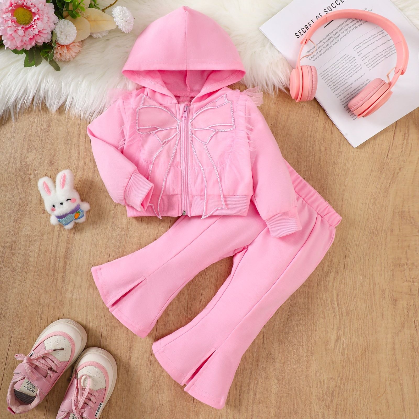 Baby Girl Bow Hooded Jacket & Flare Pants Set Sweet Casual Spring Autumn 2PCS Outfit 6-9M-3Y
