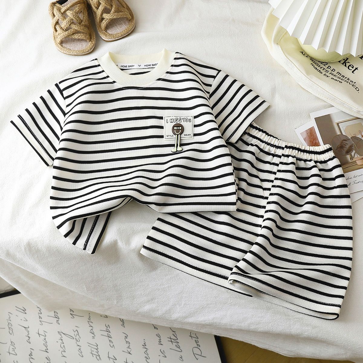 Kids Boys Girls Black White Striped T-Shirt and Shorts Set Summer Cotton Short Sleeve Casual 2Pcs Outfit Baby Toddler Tracksuit