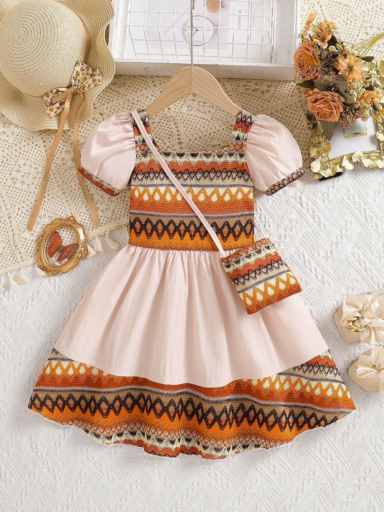 Premium Girls Summer Boho Dress Puff Sleeve Patchwork Princess Party Dress Kids Clothing 100-140cm
