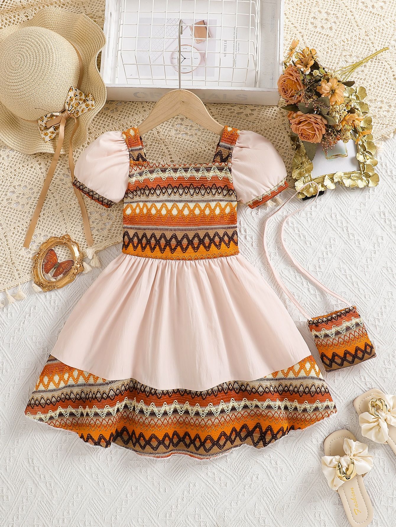 Premium Girls Summer Boho Dress Puff Sleeve Patchwork Princess Party Dress Kids Clothing 100-140cm