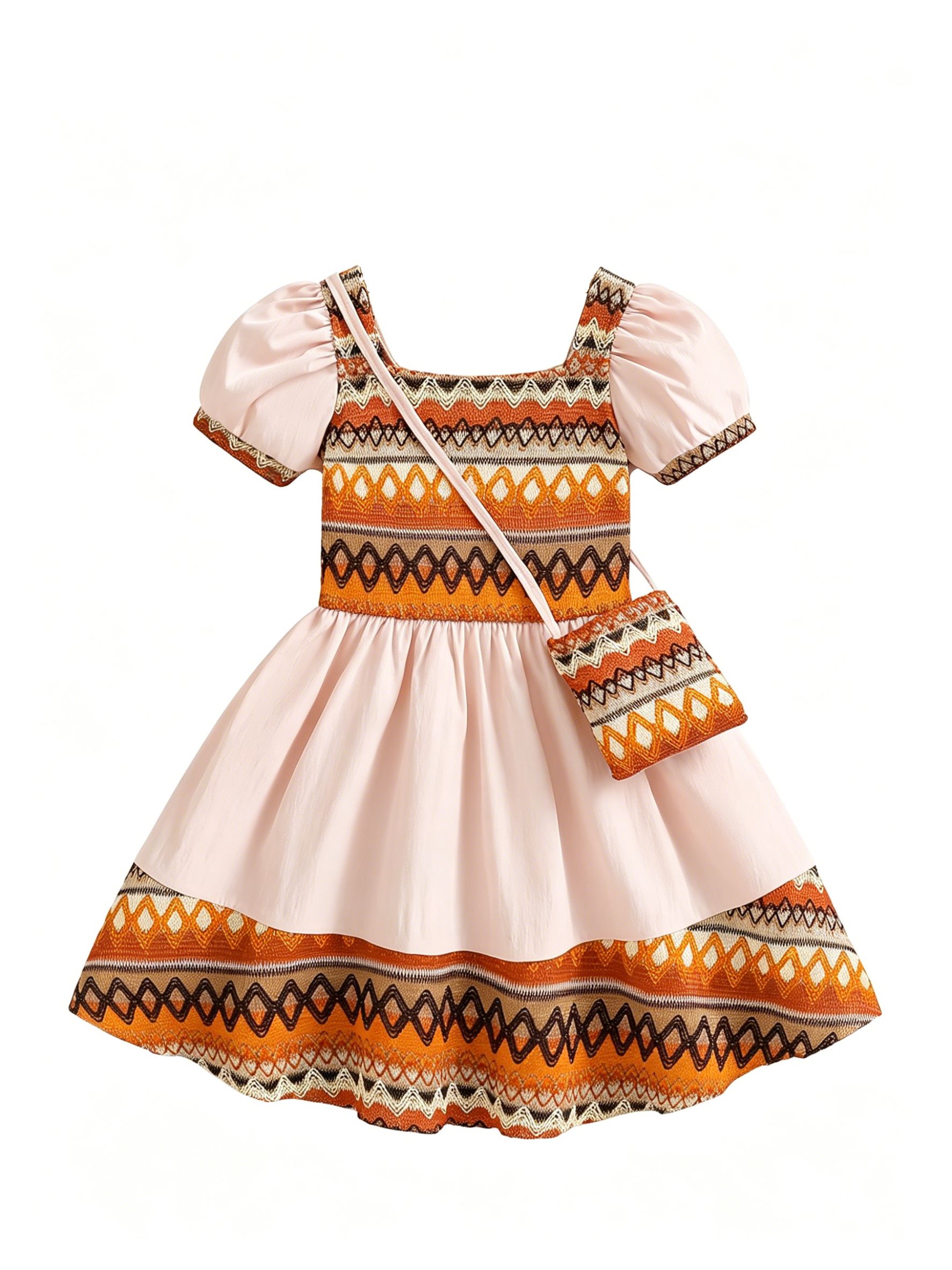 Premium Girls Summer Boho Dress Puff Sleeve Patchwork Princess Party Dress Kids Clothing 100-140cm