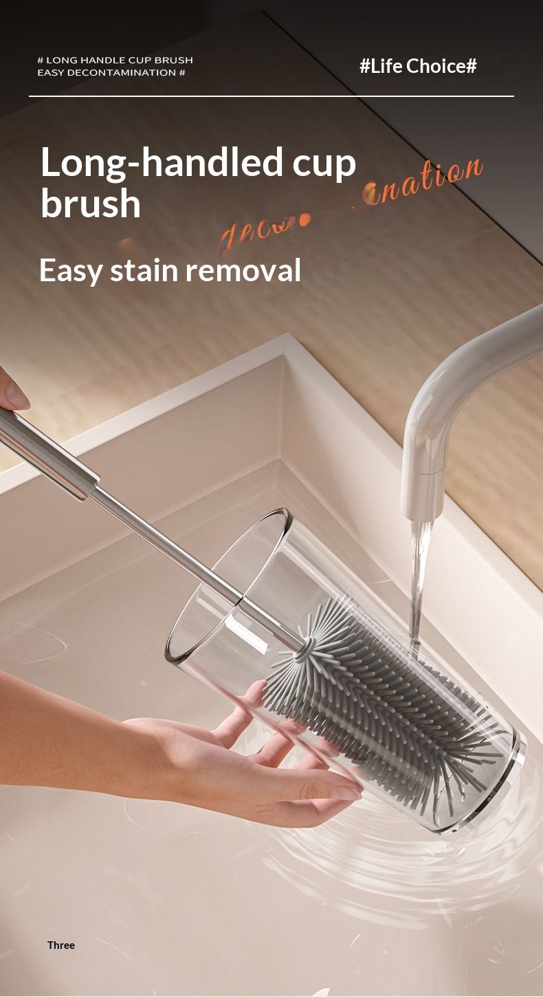 Long-handled cup brush, labor-saving cup washing tool, multi-purpose cup cleaning brush, baby bottle brush, silicone brush that reaches all corners and removes tea stains