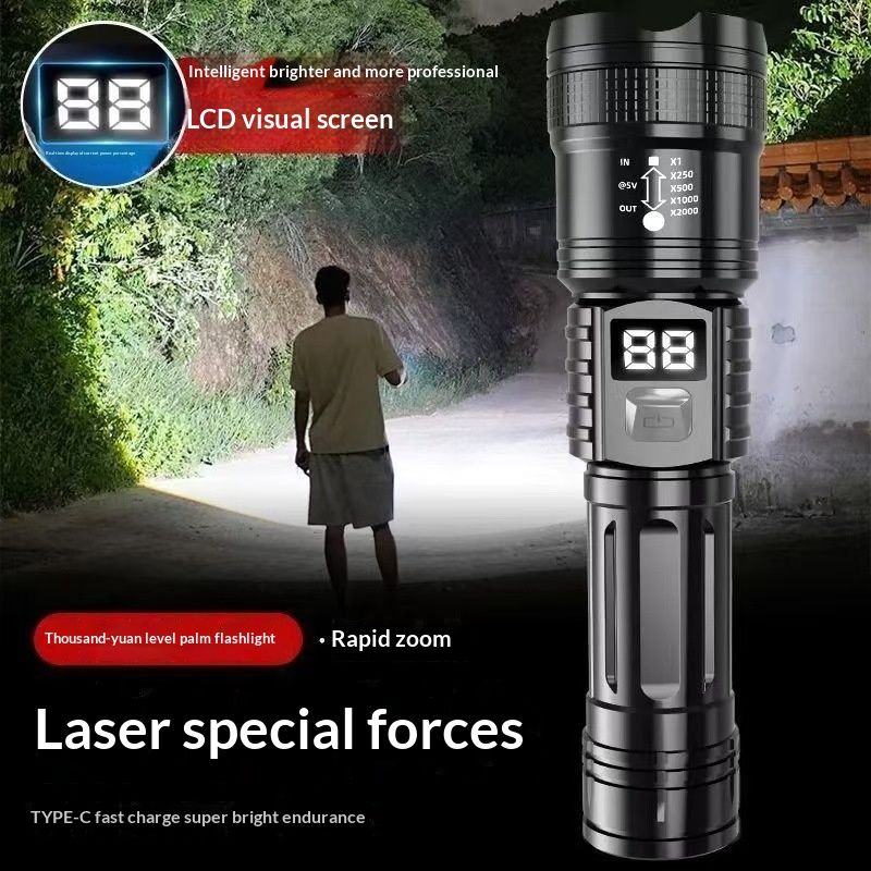 Flashlight, strong light, portable, rechargeable, super bright, outdoor, zoomable, long-range, ultra-long battery life, LED laser