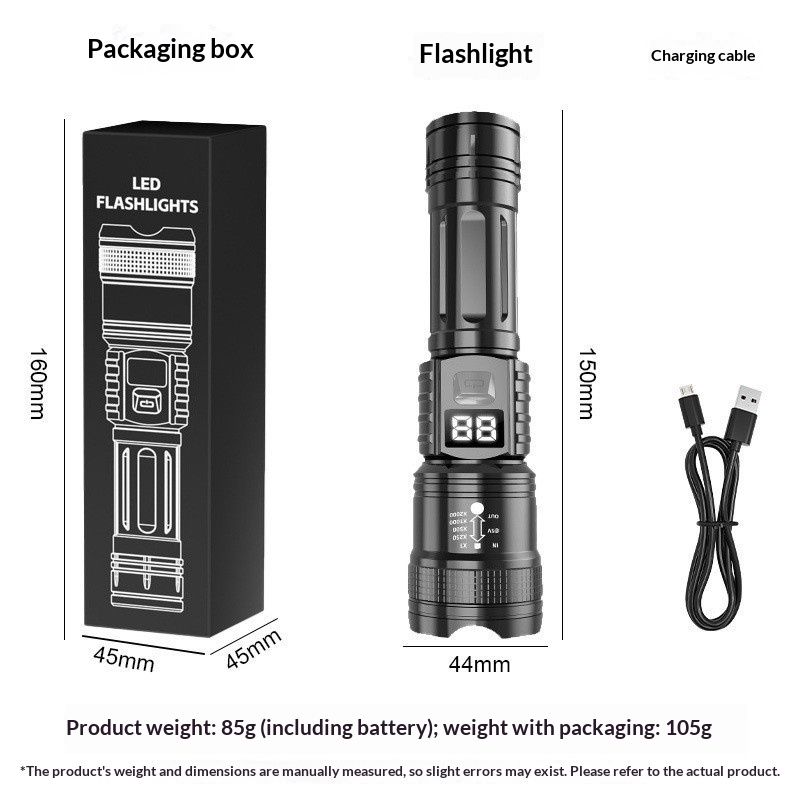 Flashlight, strong light, portable, rechargeable, super bright, outdoor, zoomable, long-range, ultra-long battery life, LED laser