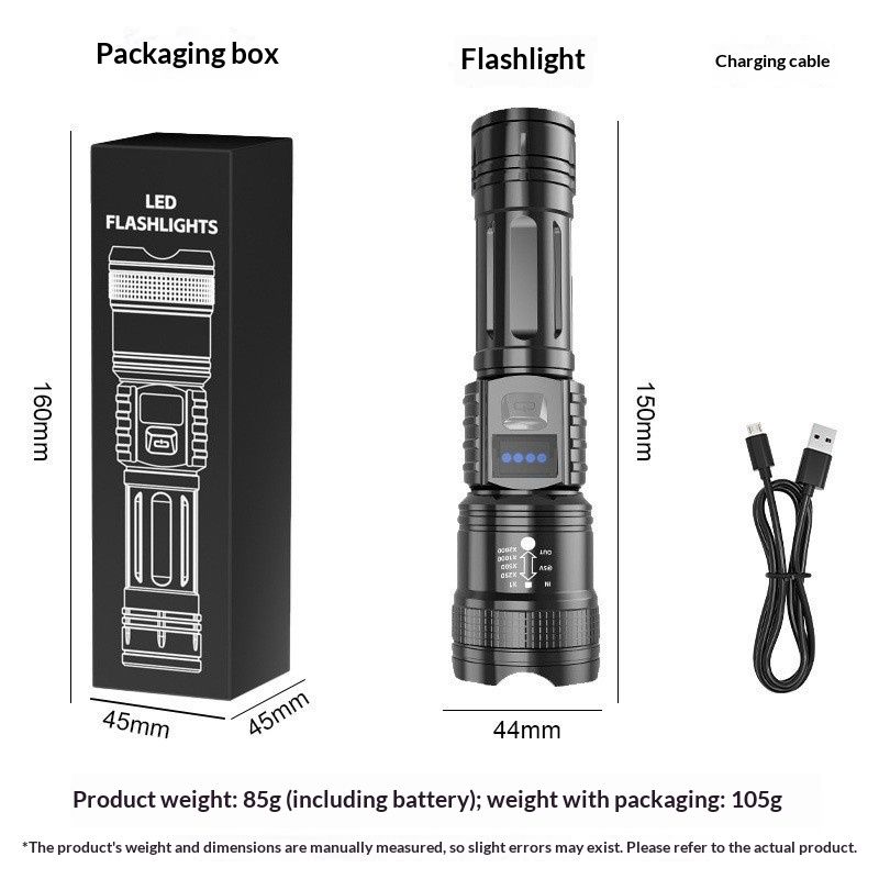 Flashlight, strong light, portable, rechargeable, super bright, outdoor, zoomable, long-range, ultra-long battery life, LED laser