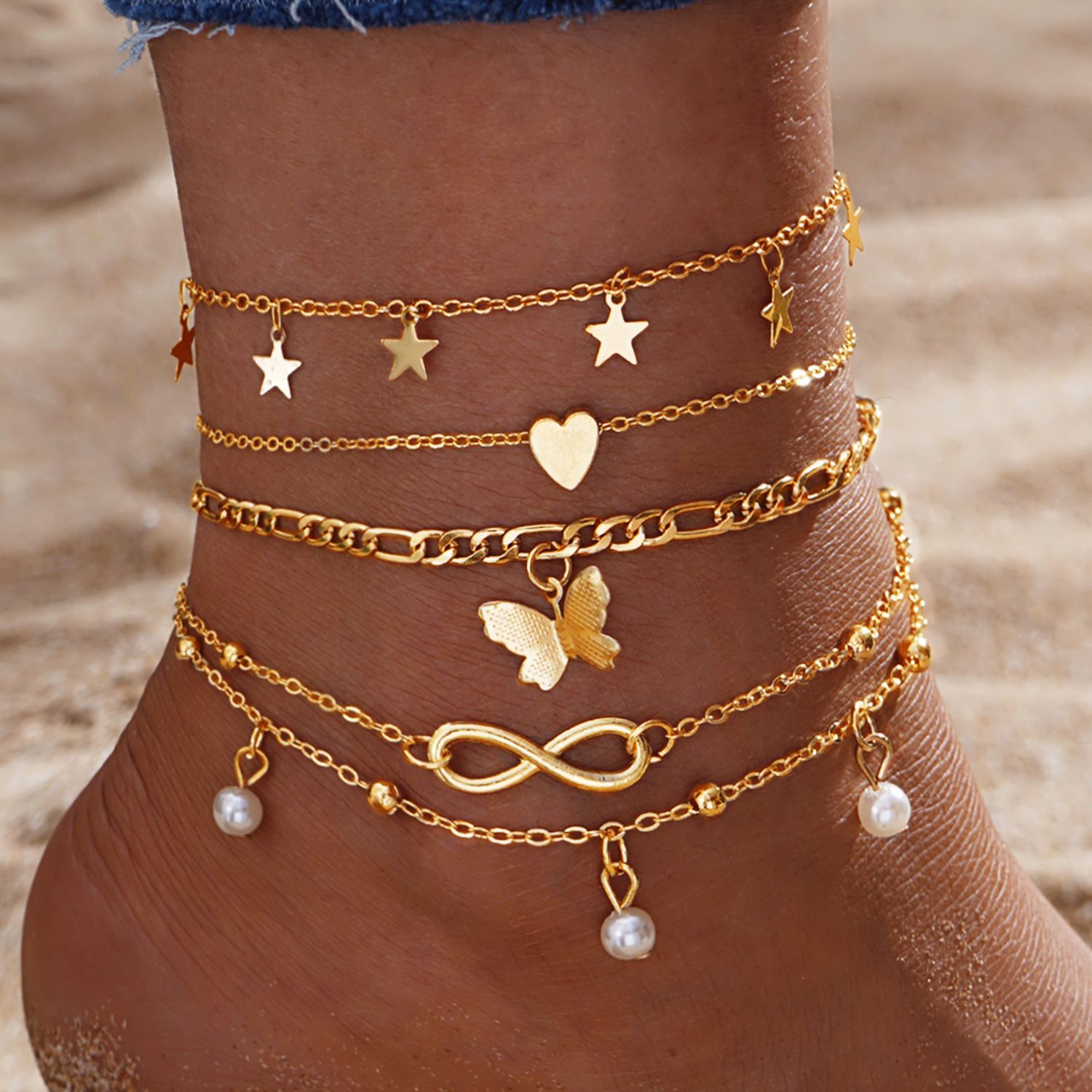 Multi-layer Anklet Beach Stackable Wearing Anklet Girls Foot Decoration Set Bracelet Jewelry Gift for Women Ladies gold ONE SIZE
