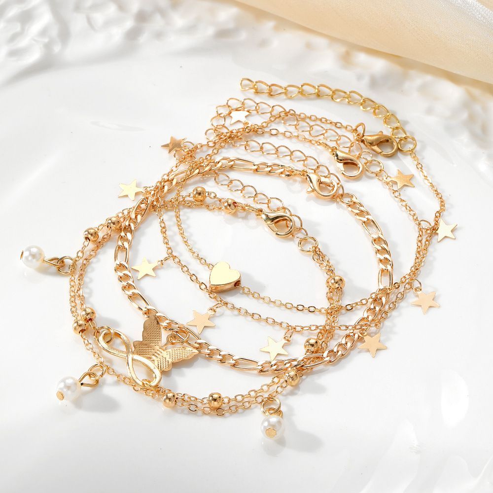 Multi-layer Anklet Beach Stackable Wearing Anklet Girls Foot Decoration Set Bracelet Jewelry Gift for Women Ladies gold ONE SIZE