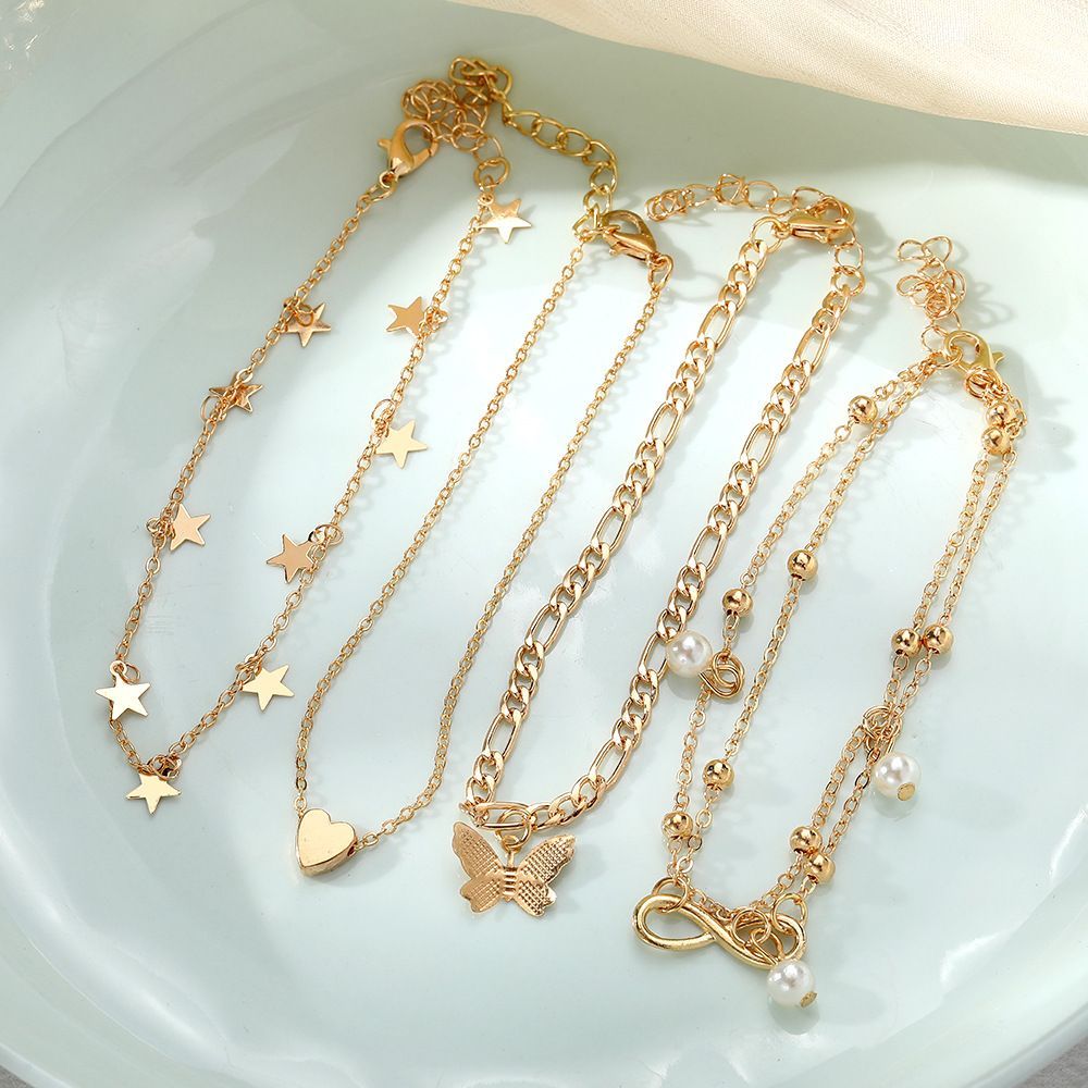 Multi-layer Anklet Beach Stackable Wearing Anklet Girls Foot Decoration Set Bracelet Jewelry Gift for Women Ladies gold ONE SIZE
