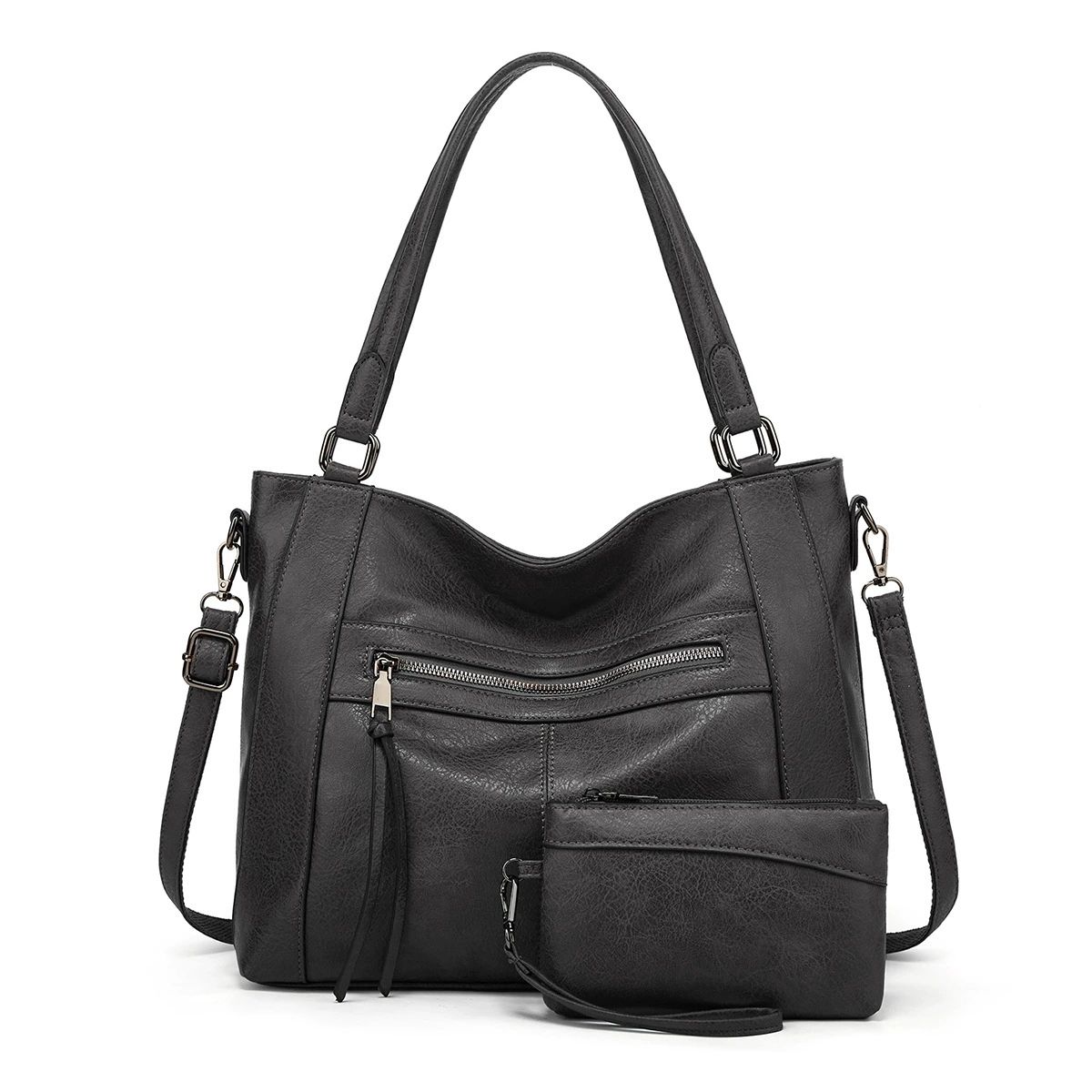 Handbag Large PU Leather Bag Hobo Tote Bag Women Shoulder Bag Tote Messenger and Wallet Set for Work Shopping Party Travel black Long