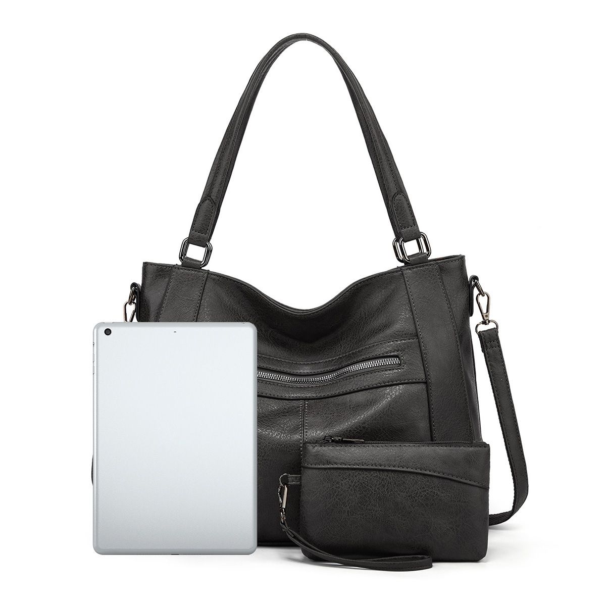 Handbag Large PU Leather Bag Hobo Tote Bag Women Shoulder Bag Tote Messenger and Wallet Set for Work Shopping Party Travel black Long