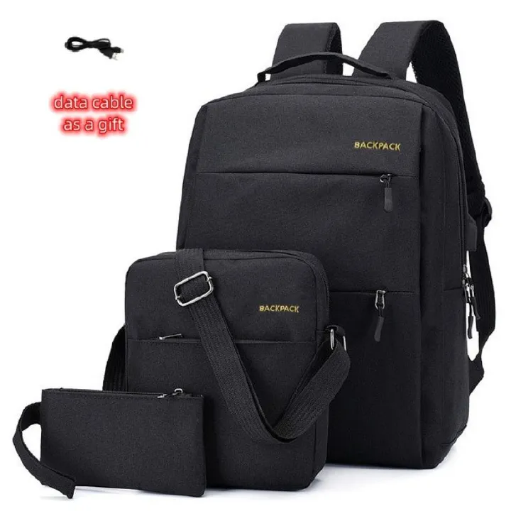 Backpacks Men Bags 3 PCS School Bags Bookbags USB Laptop Bags Notebook Bag Travel Bag Anti-Theft Leisure Nylon Cloth Bags Medium Size Black Medium