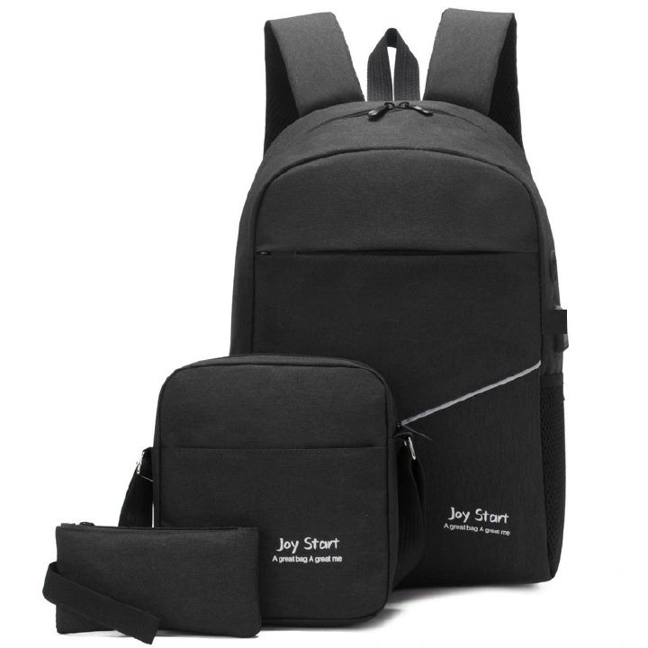 3 PCS Bags Men Bags Backpacks Bookbags School Bags Medium Size USB Laptop Bags Travel Bags Nylon Cloth Bags Anti-Theft Leisure Black Medium