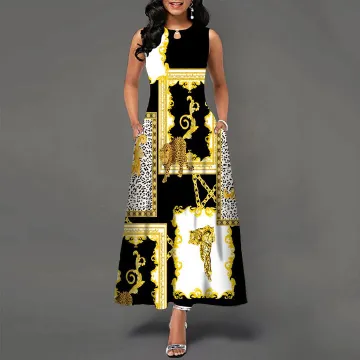 FBMEuropean and American sleeveless long dresses, women's positioning, printed large hem dresses, bohemian retro Long skirt Style