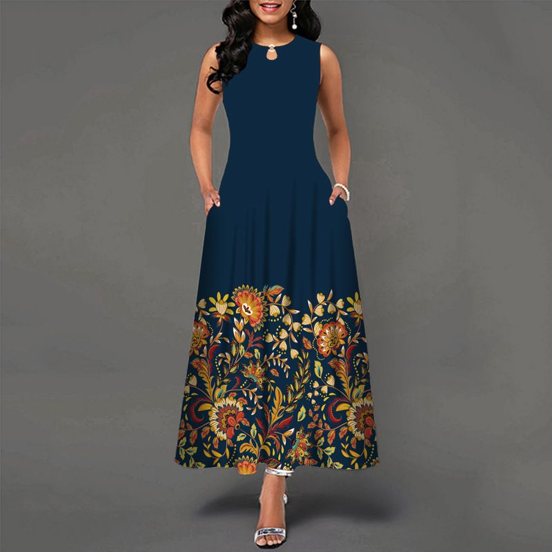 FBMEuropean and American sleeveless long dresses, women's positioning, printed large hem dresses, bohemian retro Long skirt Style