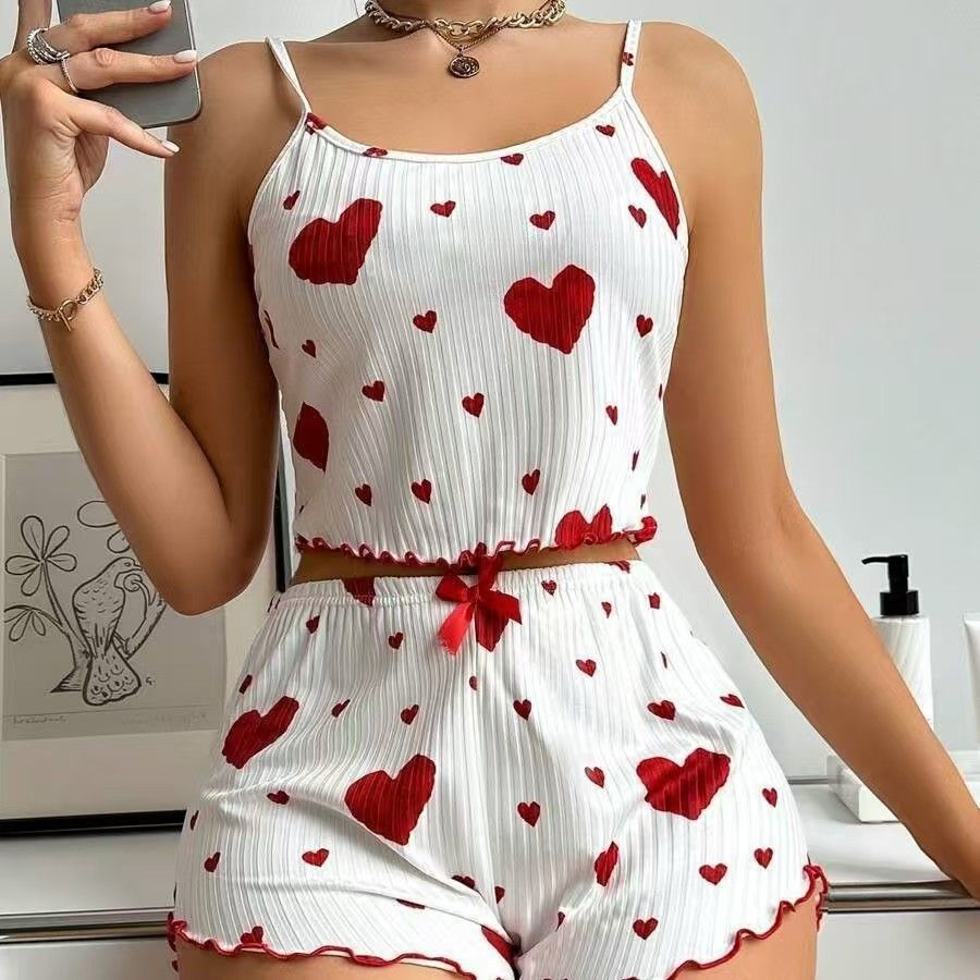Cross border hot selling European and American style casual pajamas set with printed heart, sweet camisole shorts, pure desire, can be worn outside pajamas