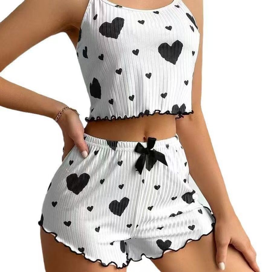 Cross border hot selling European and American style casual pajamas set with printed heart, sweet camisole shorts, pure desire, can be worn outside pajamas