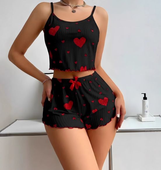 Cross border hot selling European and American style casual pajamas set with printed heart, sweet camisole shorts, pure desire, can be worn outside pajamas