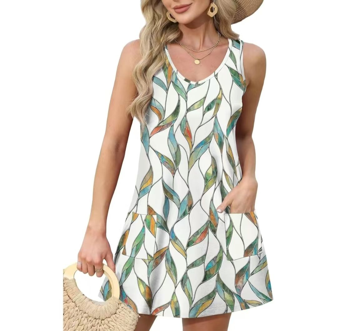 Womens Summer Dress 2025 Loose V Neck Sleeveless Sundresses Swimsuit Coverup with Pockets Floral Tank Dresses colorful1 L