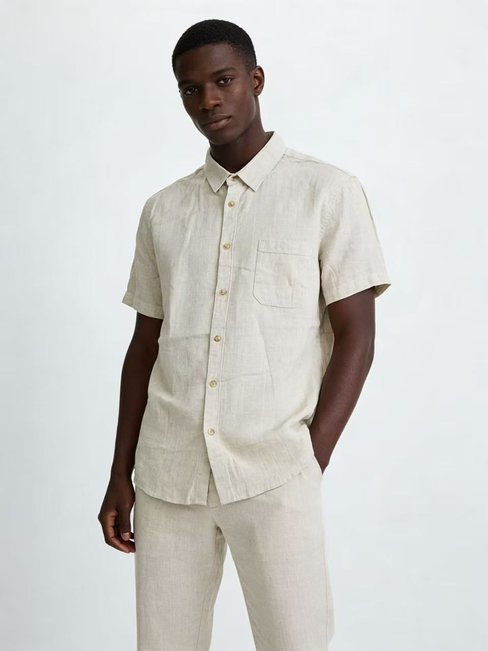 Men's Textured Khaki Short-Sleeve Shirt & Shorts Set