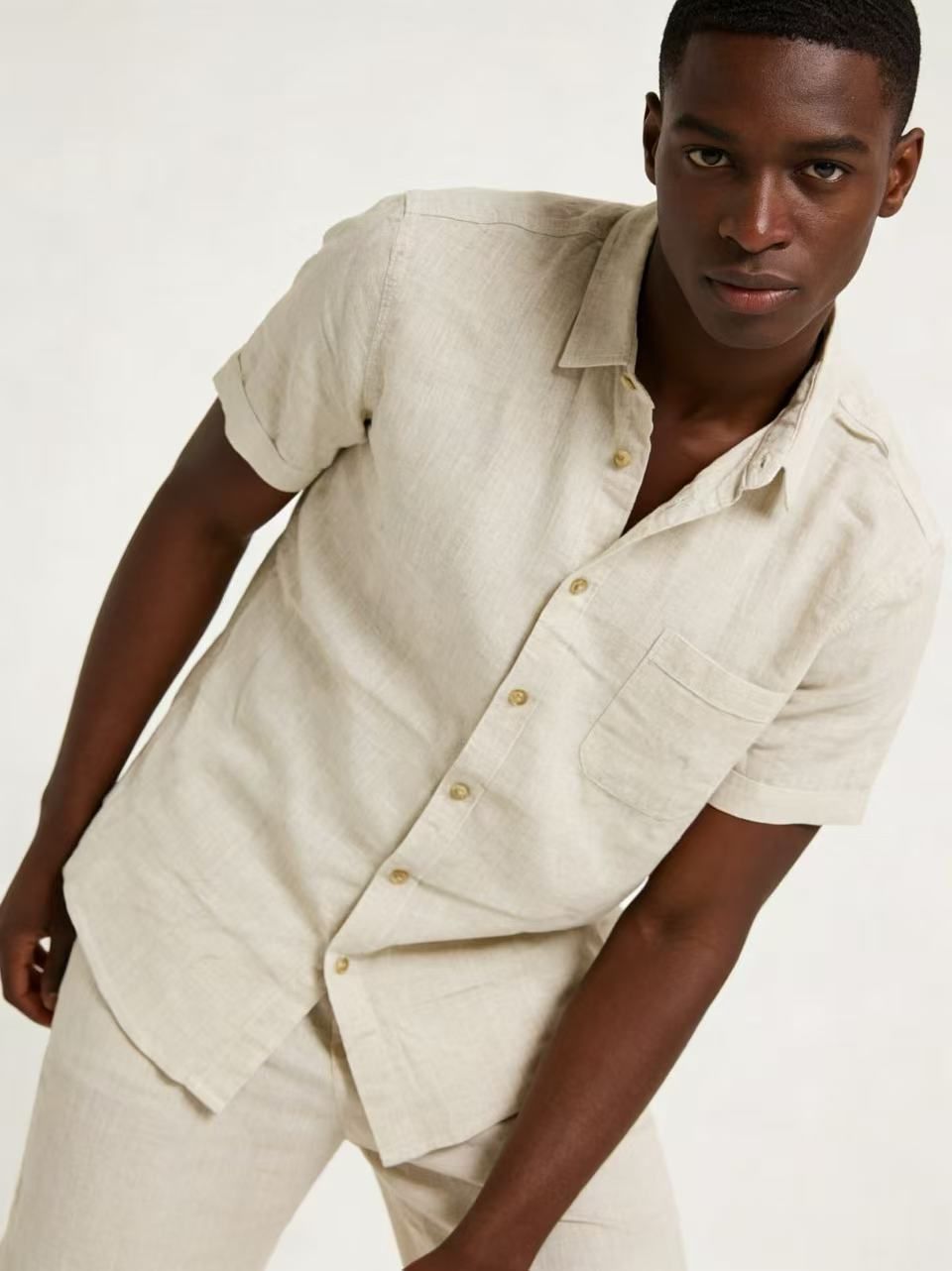 Men's Textured Khaki Short-Sleeve Shirt & Shorts Set