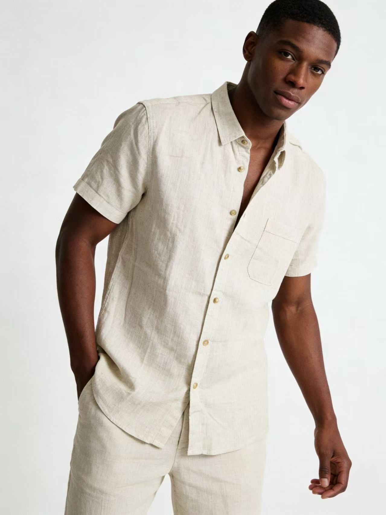 Men's Textured Khaki Short-Sleeve Shirt & Shorts Set