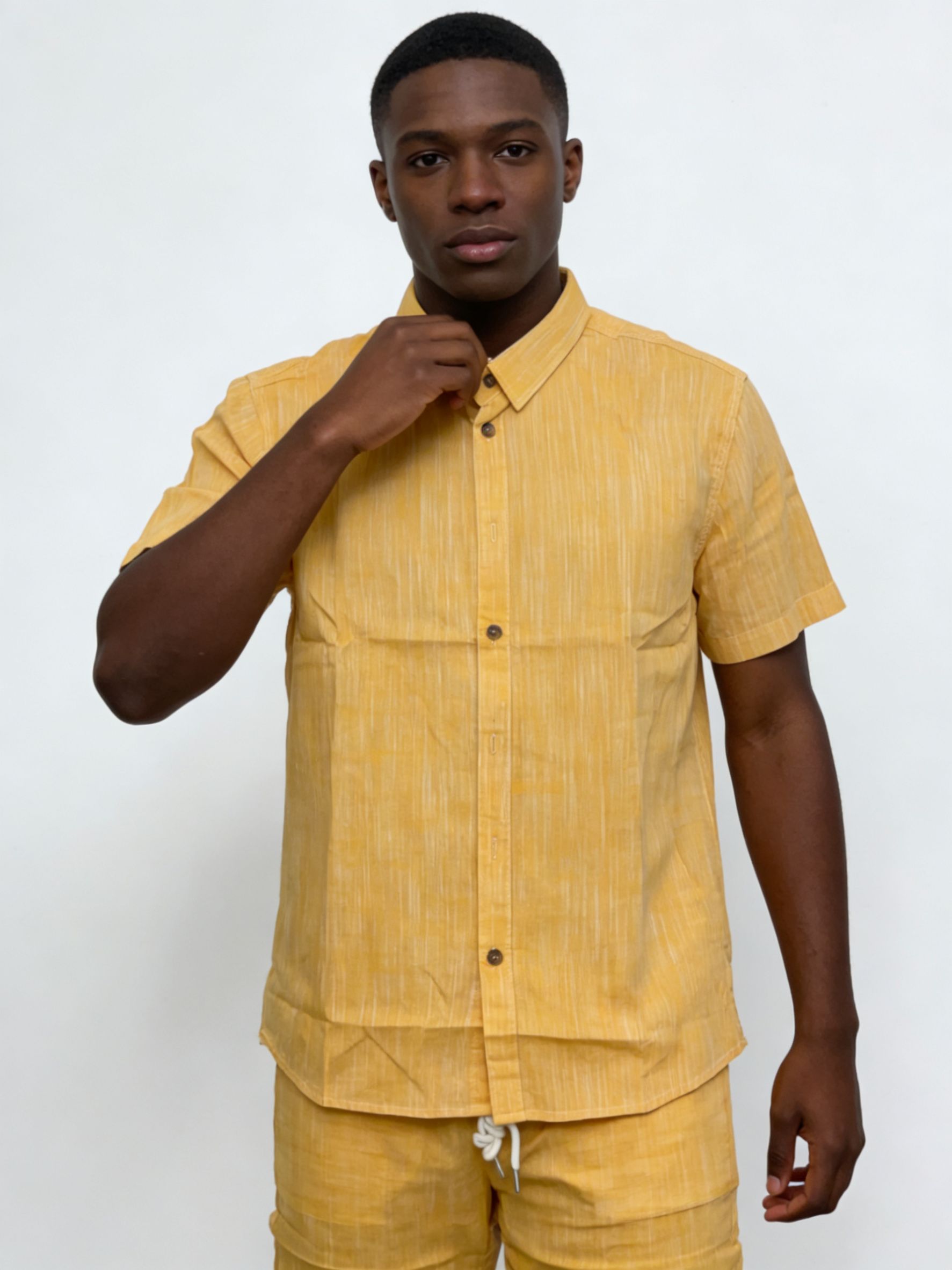 Men's Textured Yellow Short-Sleeve Shirt & Shorts Set