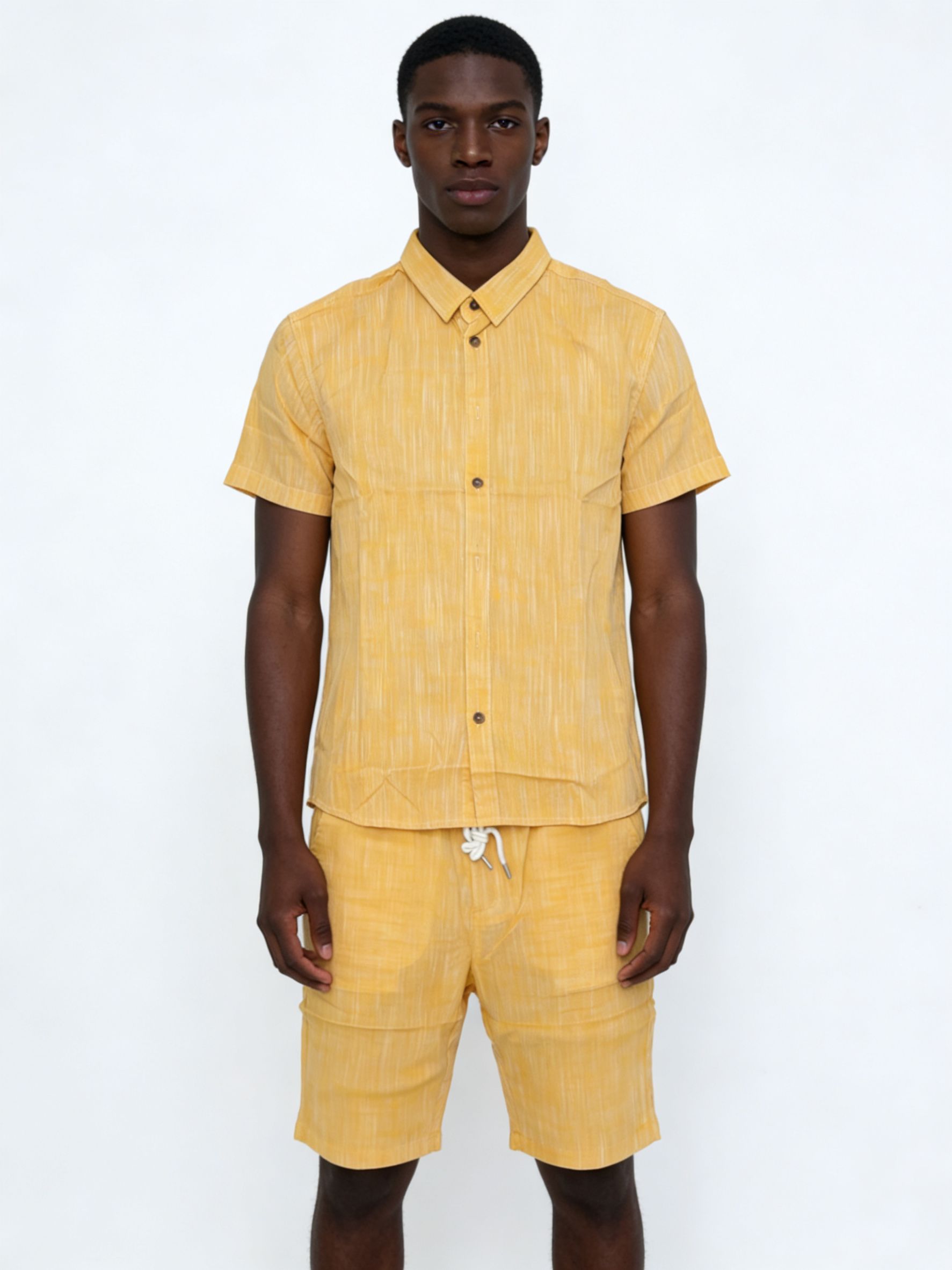 Men's Textured Yellow Short-Sleeve Shirt & Shorts Set