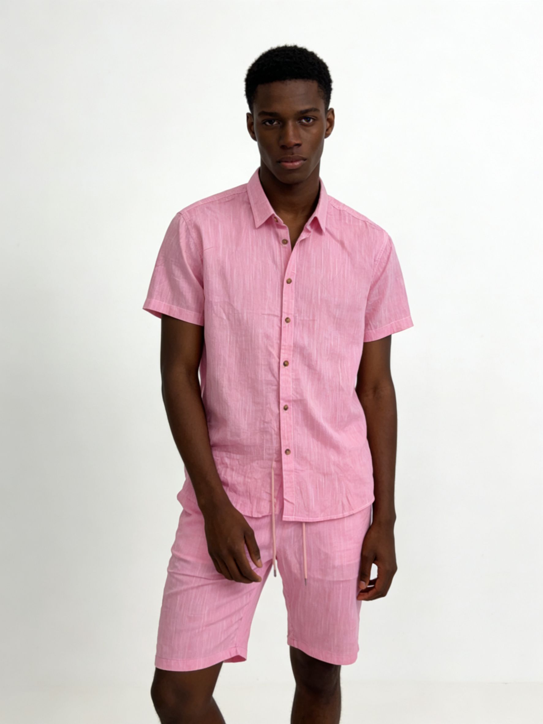 Men's Textured Pink Short-Sleeve Shirt & Shorts Set