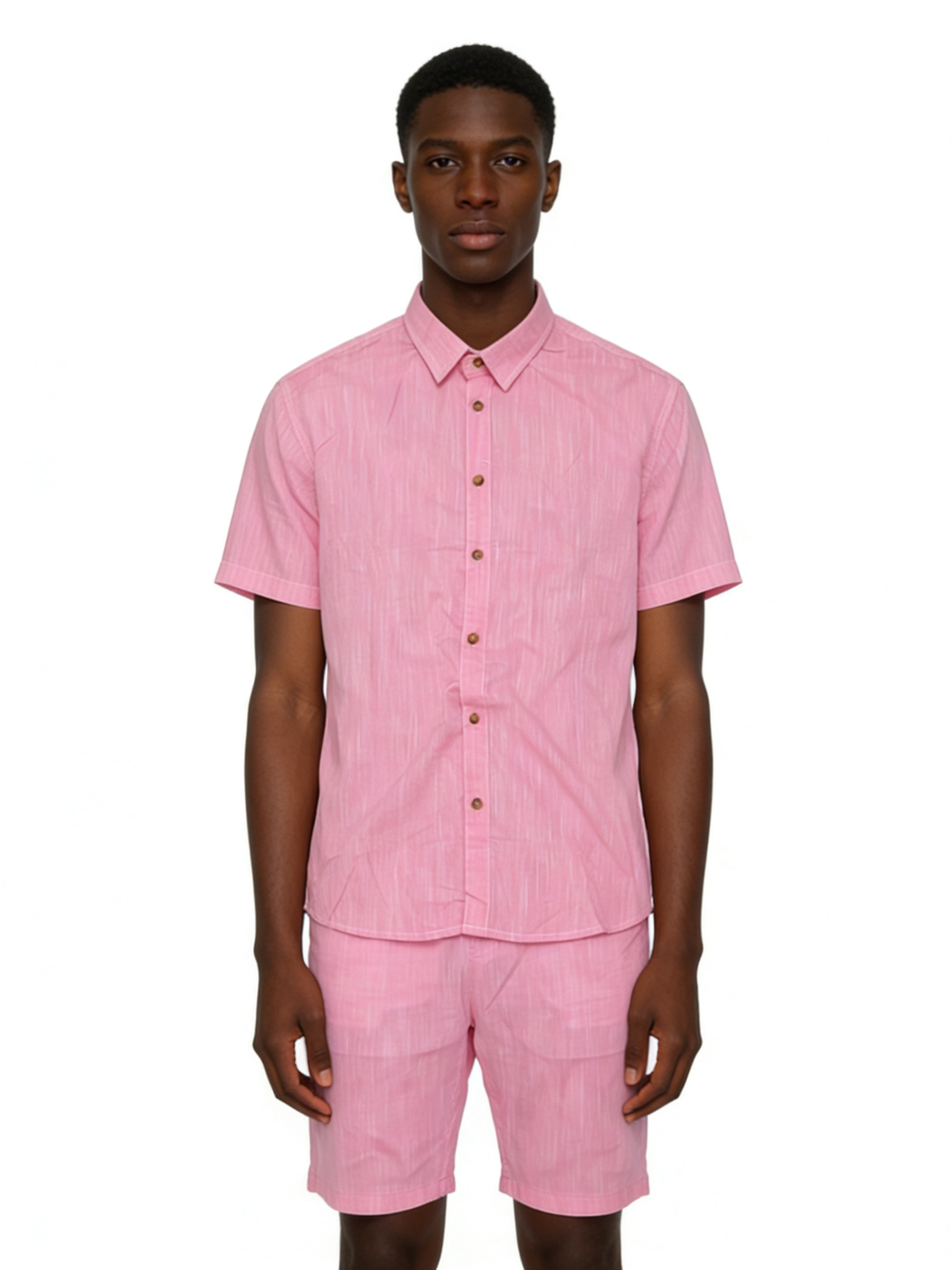 Men's Textured Pink Short-Sleeve Shirt & Shorts Set