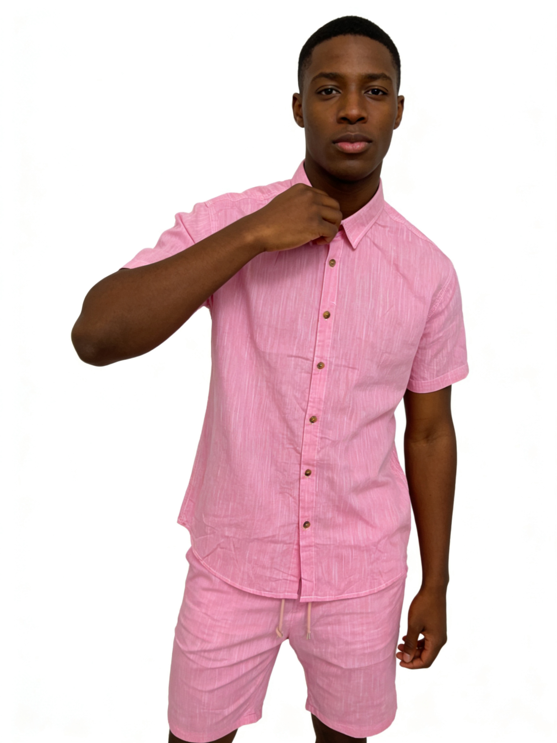 Men's Textured Pink Short-Sleeve Shirt & Shorts Set