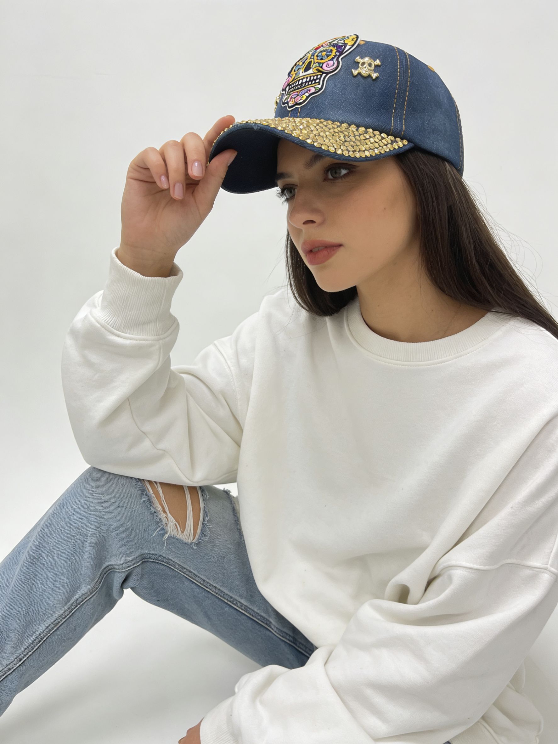 Unisex Sugar Skull Denim Baseball Cap