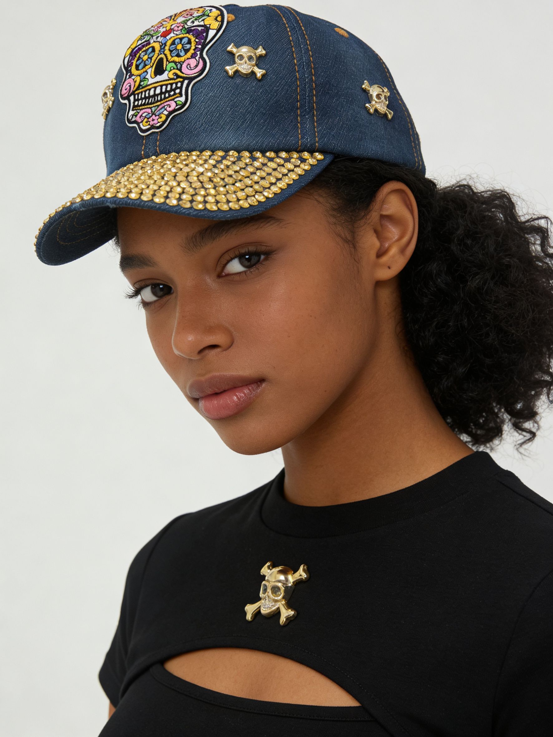 Unisex Sugar Skull Denim Baseball Cap