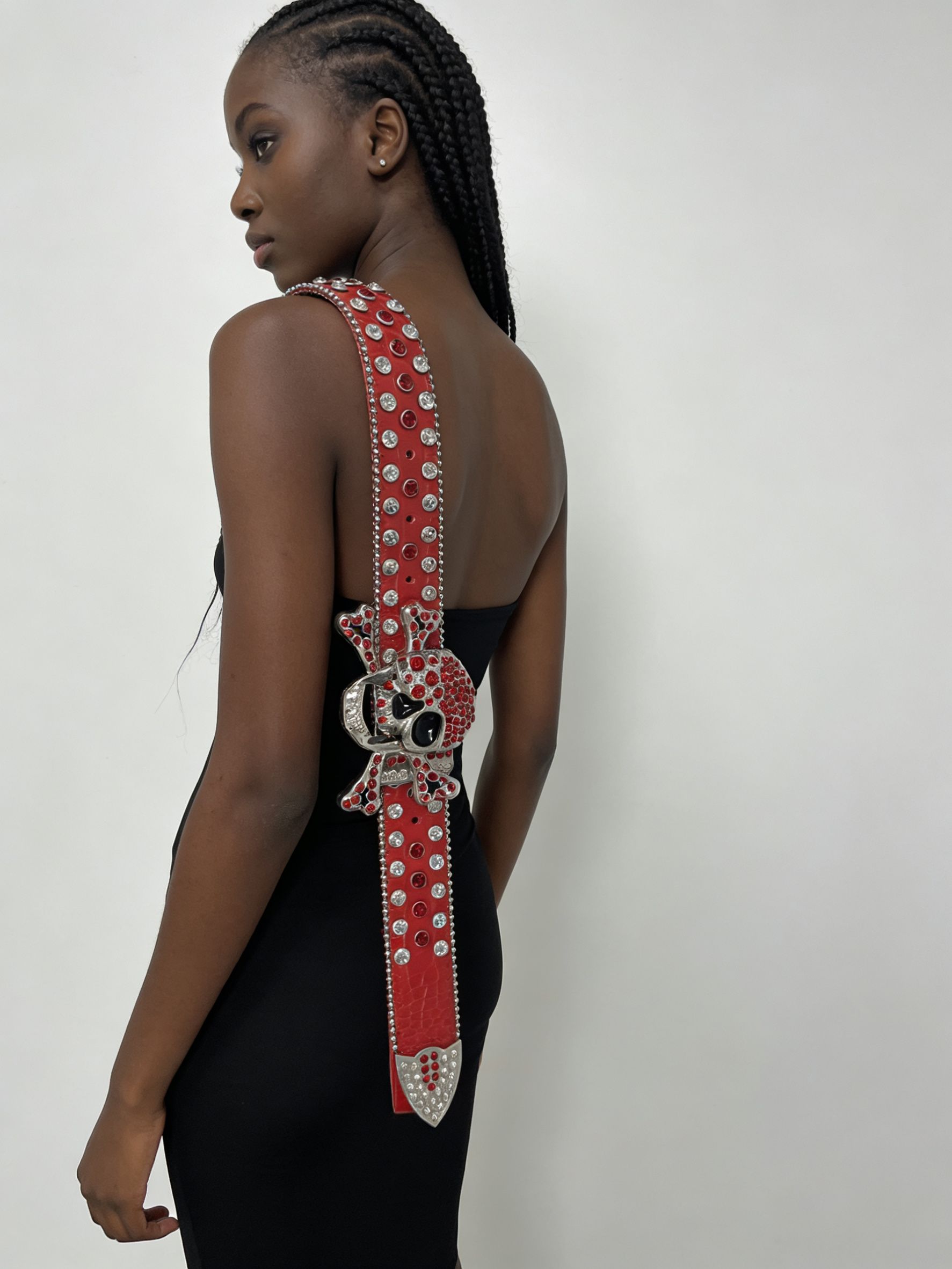 Unisex Red Rhinestone Skull Studded Belt