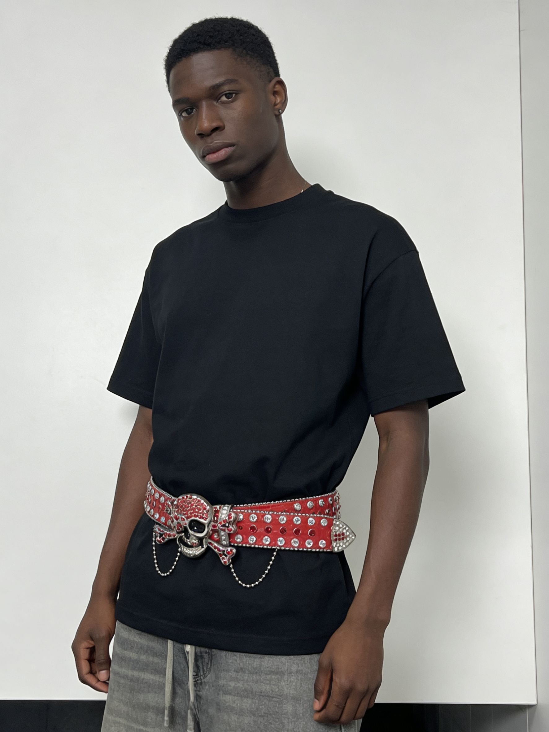 Unisex Red Rhinestone Skull Studded Belt