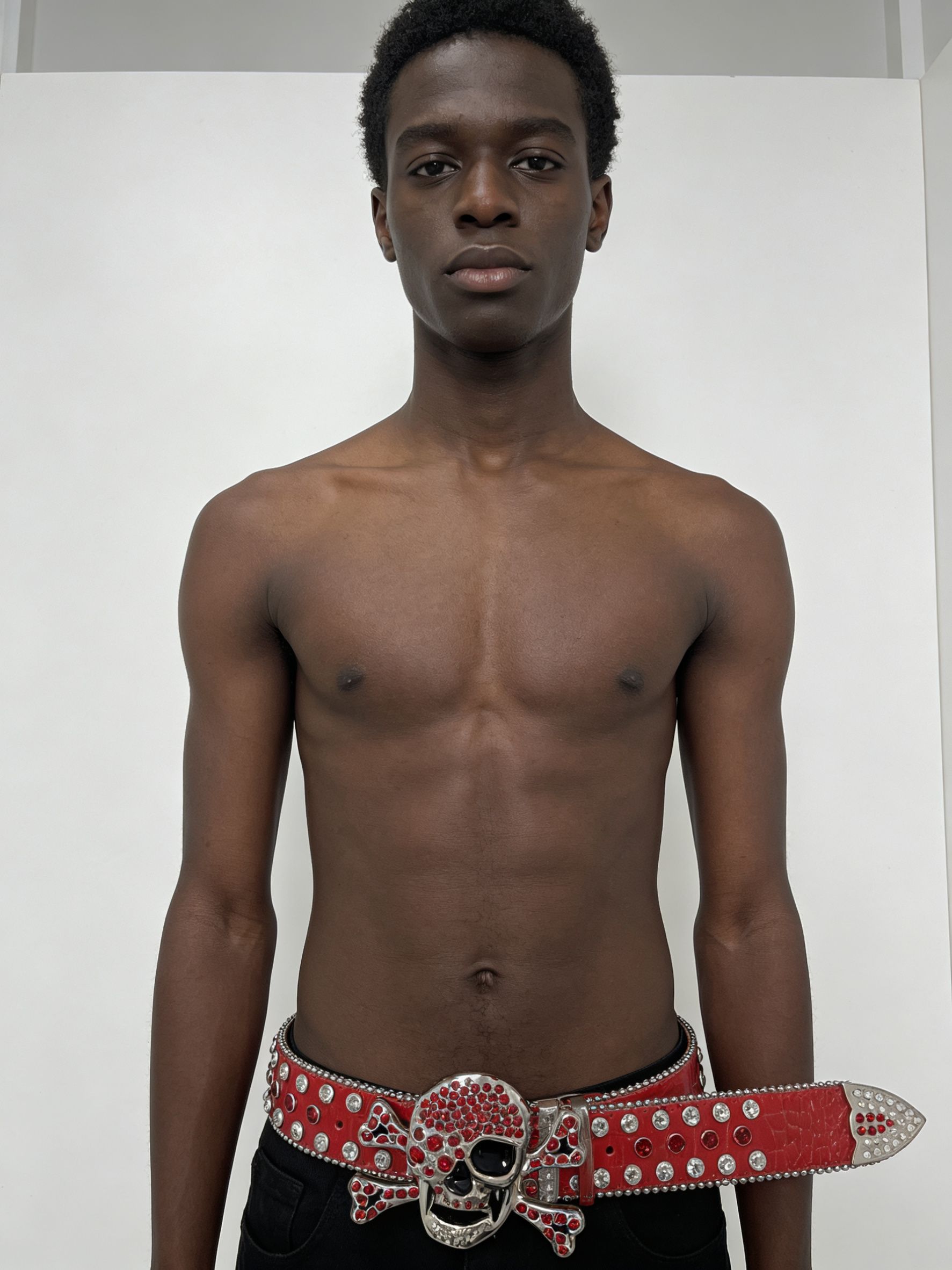 Unisex Red Rhinestone Skull Studded Belt