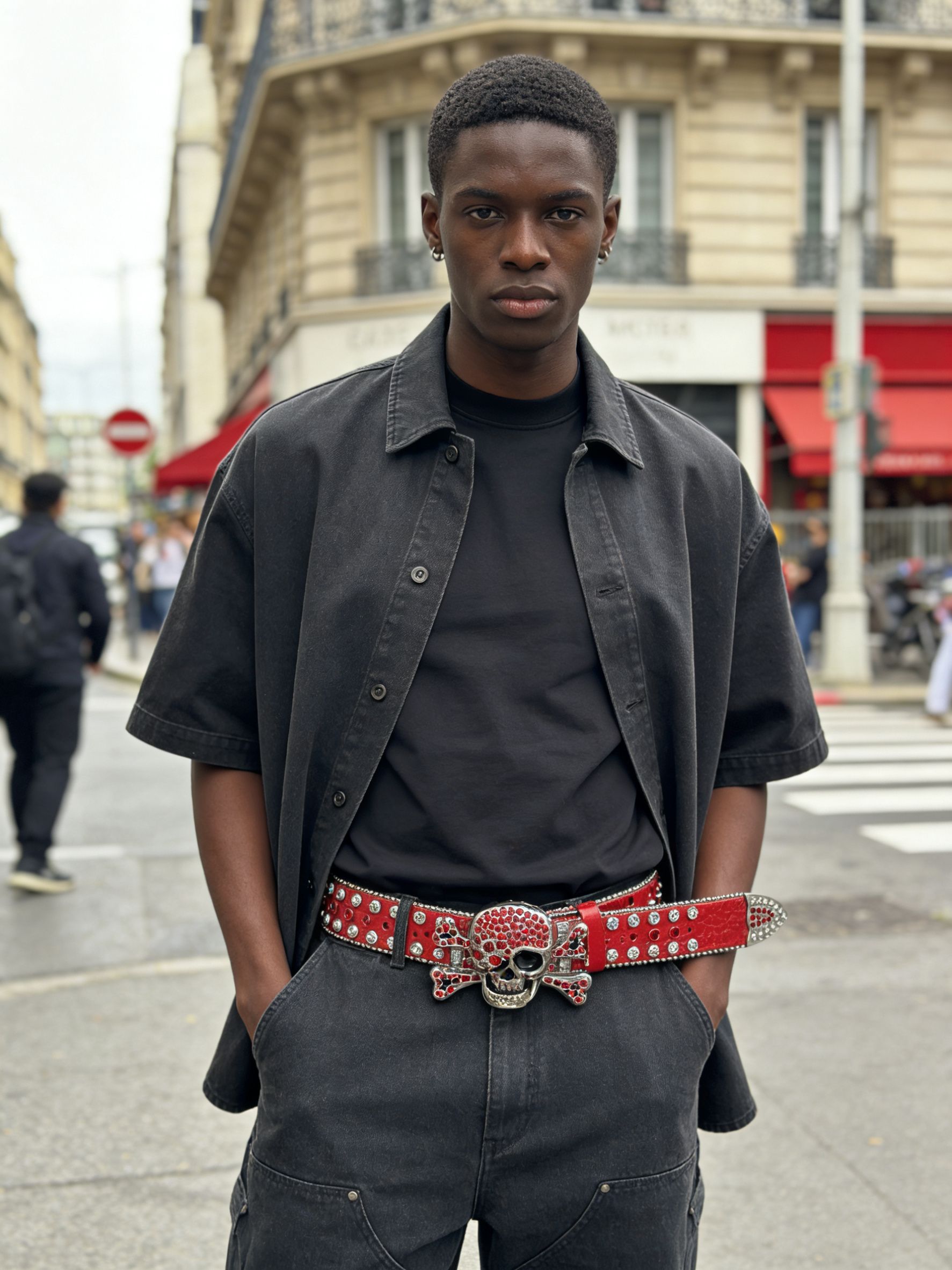 Unisex Red Rhinestone Skull Studded Belt