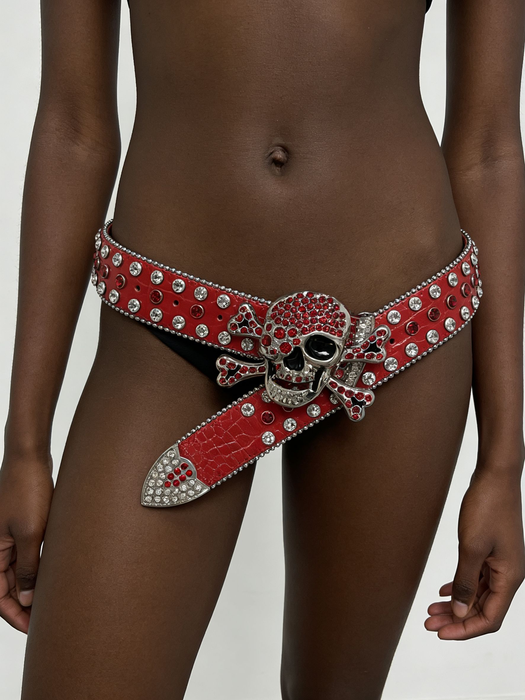 Unisex Red Rhinestone Skull Studded Belt
